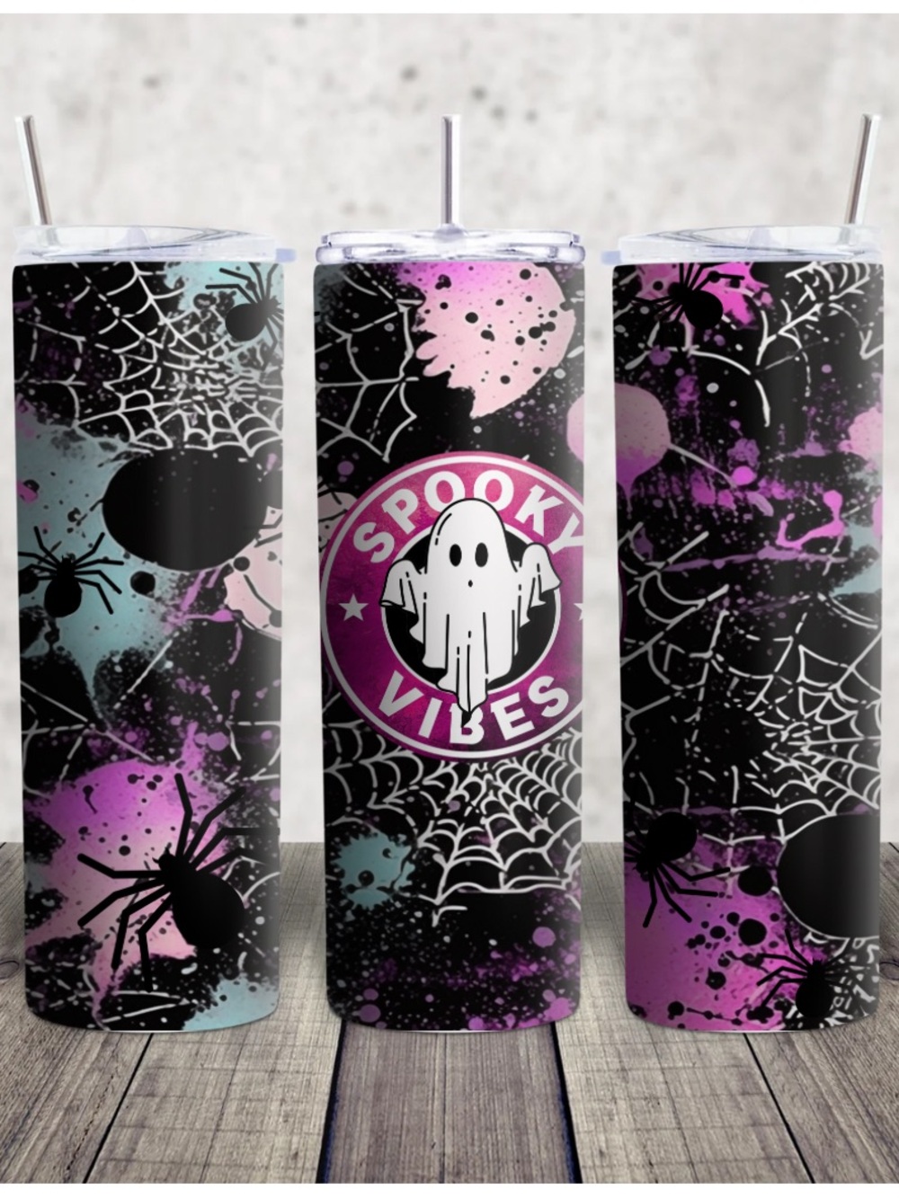 Hand Crafted Spooky Vibes Tumbler - Black, Purple, Pink, Teal